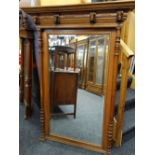 EARLY 20TH CENTURY MEDIEVAL-STYLE OAK OVERMANTEL MIRROR, ogee cornice with four carved masks,