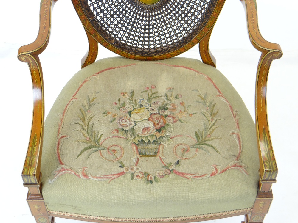 FINE SET OF THREE EDWARDIAN SATINWOOD & POLYCHROME DECORATED CHAIRS, in the Sheraton revival- - Image 4 of 37