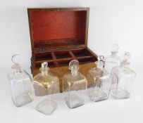 19TH CENTURY BURR WALNUT DECANTER BOX containing six gilt decorated Dutch decanters and stoppers,