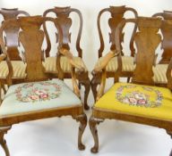 SET OF SIX EARLY 19TH CENTURY QUEEN ANNE-STYLE BURR WALNUT DINING CHAIRS, scrolled cresting rails
