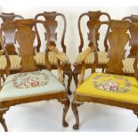 SET OF SIX EARLY 19TH CENTURY QUEEN ANNE-STYLE BURR WALNUT DINING CHAIRS, scrolled cresting rails