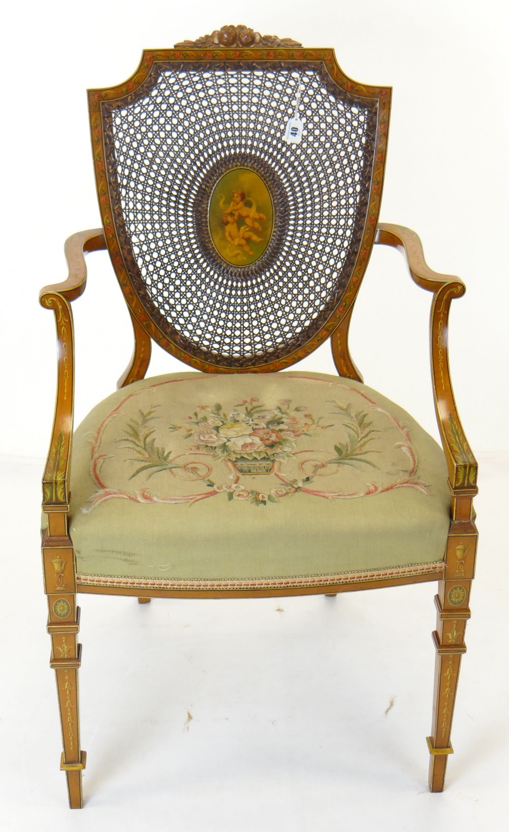 FINE SET OF THREE EDWARDIAN SATINWOOD & POLYCHROME DECORATED CHAIRS, in the Sheraton revival- - Image 3 of 37