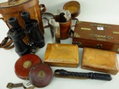 GROUP OF GENTLEMEN'S ACCESSORIES including oak cigar / cigarette box, leather triple-spirit flask