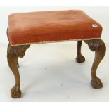 GEORGIAN-STYLE CARVED MAHOGANY DRESSING STOOL, pink velour stuff over seat on acanthus carved legs