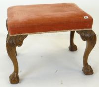 GEORGIAN-STYLE CARVED MAHOGANY DRESSING STOOL, pink velour stuff over seat on acanthus carved legs