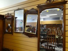 FOUR ASSORTED WALL MIRRORS including two Georgian-style fret mirrors and a Victorian mahogany cheval