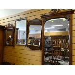 FOUR ASSORTED WALL MIRRORS including two Georgian-style fret mirrors and a Victorian mahogany cheval