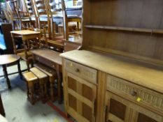 ASSORTED BEECH FURNITURE including small high dresser, nest of three oak occasional tables, circular