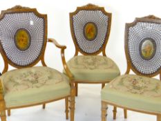 FINE SET OF THREE EDWARDIAN SATINWOOD & POLYCHROME DECORATED CHAIRS, in the Sheraton revival-