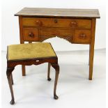 19TH CENTURY OAK LOW BOY AND WALNUT DRESSING STOOL, table with boarded top above arrangement of