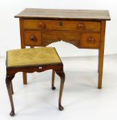 19TH CENTURY OAK LOW BOY AND WALNUT DRESSING STOOL, table with boarded top above arrangement of