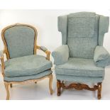 TWO REPRODUCTION ARMCHAIRS, comprising a Wiliiam & Mary-style walnut wingback armchair and a Louis