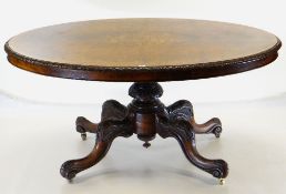 MID-VICTORIAN BURR WALNUT, ROSEWOOD CROSSBANDED & FLORAL MARQUETRY LOO TABLE, oval inlaid tilt-