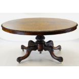 MID-VICTORIAN BURR WALNUT, ROSEWOOD CROSSBANDED & FLORAL MARQUETRY LOO TABLE, oval inlaid tilt-