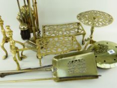 COLLECTION OF ANTIQUE BRASS, including 19th Century chestnut roaster, two trivets, pair of fire