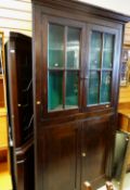 TWO ANTIQUE STANDING CORNER CABINETS including one with painted interior, glazed upper section and