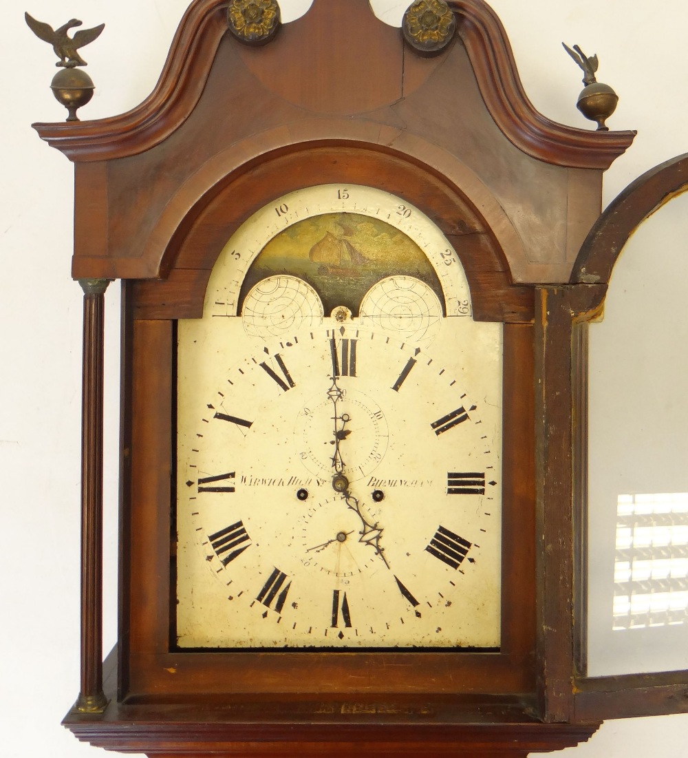 19TH CENTURY MAHOGANY 8-DAY LONGCASE CLOCK, painted moon phase dial signed 'Warwick High St.