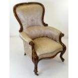 GOOD VICTORIAN WALNUT ARMCHAIR, ivory brocade upholstered back, seat and arms, scrolled uprights,