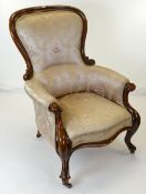 GOOD VICTORIAN WALNUT ARMCHAIR, ivory brocade upholstered back, seat and arms, scrolled uprights,