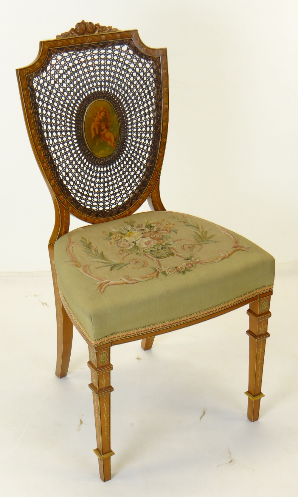 FINE SET OF THREE EDWARDIAN SATINWOOD & POLYCHROME DECORATED CHAIRS, in the Sheraton revival- - Image 7 of 37