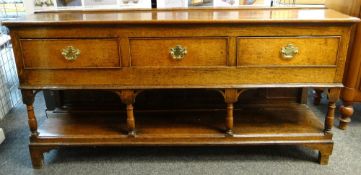 18TH CENTURY OAK DRESSER BASE, top with rail above three frieze drawers above baluster uprights