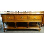 18TH CENTURY OAK DRESSER BASE, top with rail above three frieze drawers above baluster uprights