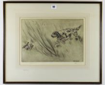 HENRY WILKINSON limited edition (42/75) drypoint etching with colour - gundog confronting grouse,