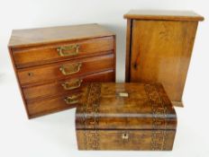 TWO VINTAGE TABLE CABINETS AND VICTORIAN WORK BOX, comprising a four-drawer oak chest with patent