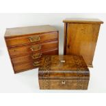 TWO VINTAGE TABLE CABINETS AND VICTORIAN WORK BOX, comprising a four-drawer oak chest with patent