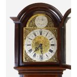 20TH CENTURY MAHOGANY DWARF MUSICAL LONGCASE CLOCK, three-train weight driven movement striking four