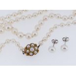 STRING OF CULTURED PEARLS having 9ct gold pearl set flower head clasp together with pair of silver