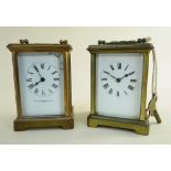 TWO EARLY 20TH CENTURY BRASS CARRIAGE CLOCKS both with enamel faces and Roman numeral chapter rings.