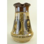 ROYAL DOULTON STONEWARE COMMEMORATIVE JUG Coronation of King Edward VII - 1902, printed portraits of