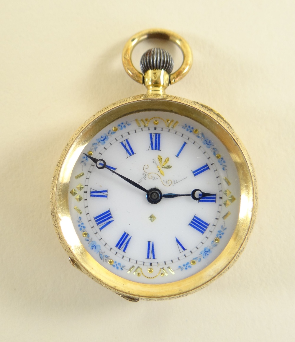 18K GOLD FANCY FOB WATCH, Swiss made with enamel face and Roman numeral chapter ring, 27.5gms