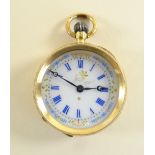 18K GOLD FANCY FOB WATCH, Swiss made with enamel face and Roman numeral chapter ring, 27.5gms