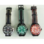 THREE VOSTOK 'K-3 SUBMARINE' GENTLEMAN'S AUTOMATIC WRISTWATCHES in green, red and black dials