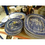 ASSORTED BLUE & WHITE POTTERY & PORCELAIN including five Staffordshire Willow pattern meat platters,