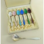 CASED SET OF SIX NORWEGIAN SILVER & ENAMEL KRISTIAN HESTENES COFFEE SPOONS, together with another