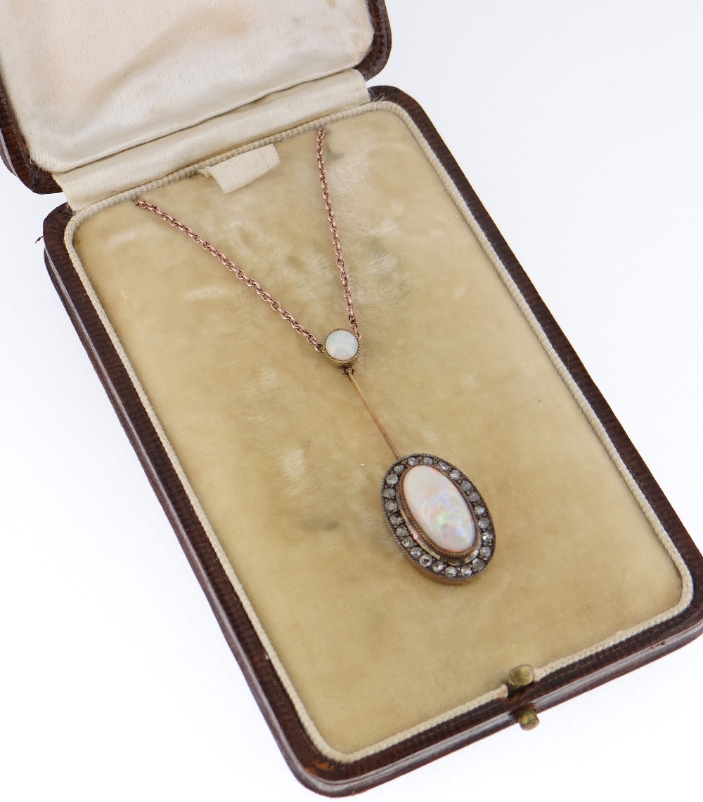 OPAL & DIAMOND CLUSTER PENDANT on 9ct gold fine link chain in period leather box, the cabochon - Image 2 of 2