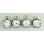 FOUR SIMILAR SILVER POCKET WATCHES, open faced with subsidiary seconds dials, all late 19th Century,