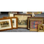 ASSORTED PRINTS, including small crystoleum portrait of a boy, French aquatint engravings of