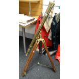 DECORATIVE REPRODUCTION BRASS & HARDWOOD MOUNTED TRIPOD REFRACTING TELESCOPE, 100cms long