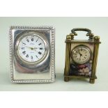 MODERN SILVER FACED TABLE TIMEPIECE BY CARR & A MINIATURE CARRIAGE TIMEPIECE with colour printed