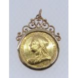VICTORIAN GOLD HALF SOVEREIGN, 1893, in 9ct gold heart design mount, 5.8gms
