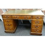 VICTORIAN STYLE MAHOGANY PEDESTAL DESK, tooled leather inlaid top above an arrangement of nine