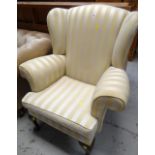 REPRODUCTION GEORGIAN-STYLE WINGBACK ARMCHAIR, upholstered ivory striped material