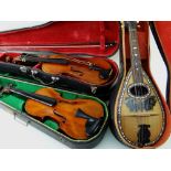 TWO STUDENTS VIOLINS & AN ITALIAN MANDOLIN, cased (3)
