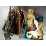 VINTAGE ENGLISH GOLDEN PLUSH TEDDY BEAR with growler (play worn), three fur stoles and a group of