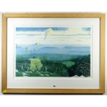 A CHOUDHURI coloured etching - landscape with kite afloat, entitled 'Walking the Dog', signed, 42