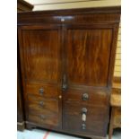 EARLY 19TH CENTURY MAHOGANY & BOXWOOD STRUNG WARDROBE, angled cornice, panelled doors with dummy